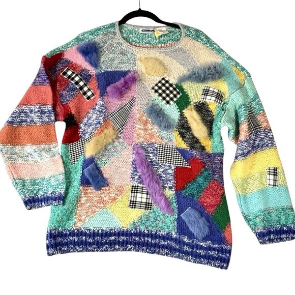 Made In USA MARIEA KIM Vintage 80s Sweater Mock Neck Artsy Wool Blend - Picture 1 of 8